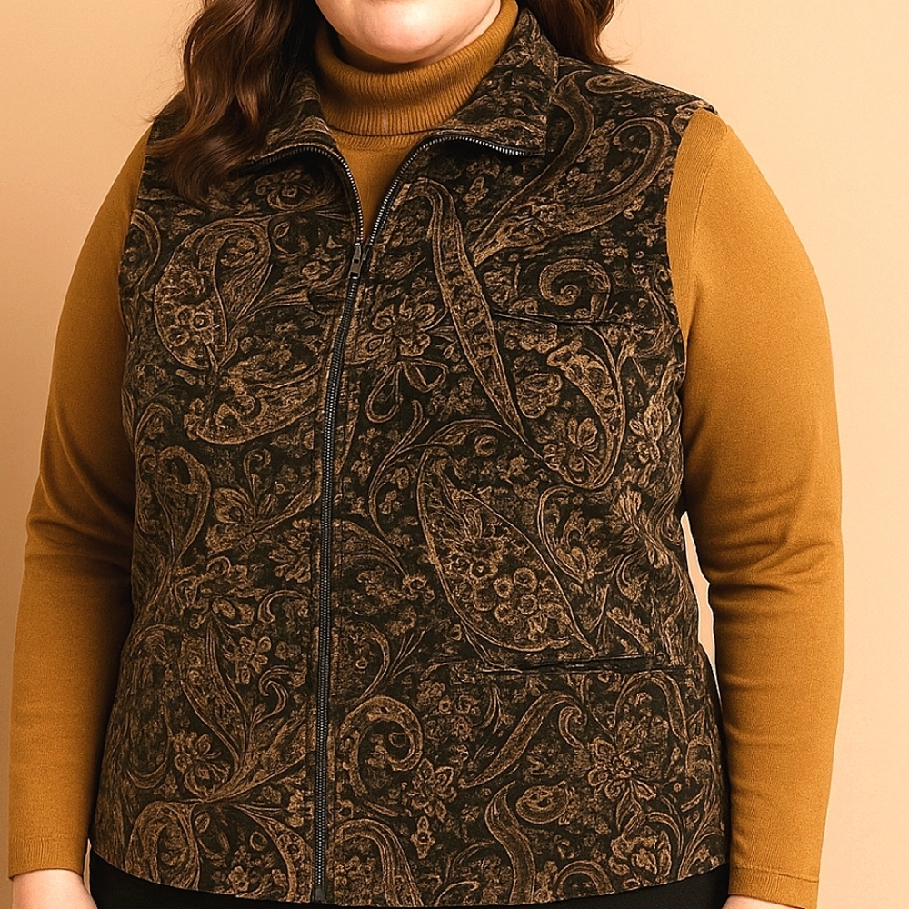 Koret Velvet Paisley Vest L  Zip Front Neutral Brown Black Plazacore Boho
